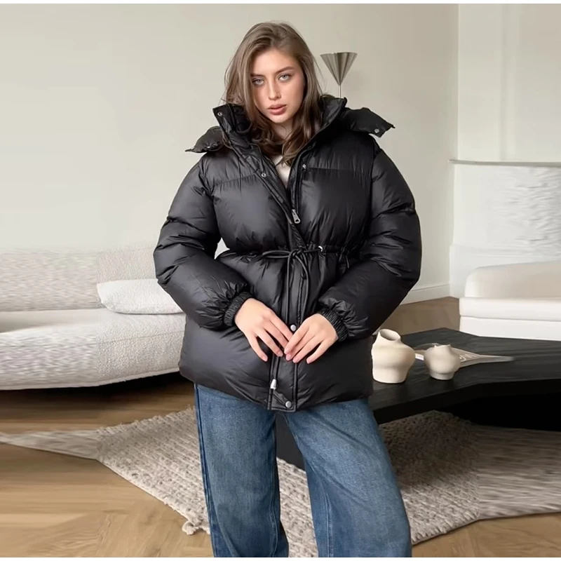 Hooded Women's Winter Jacket Zipper Drawstring Puffer Coat Shiny Thickened Bubble Coat Detachable Hood Mid Length Cotton Coat