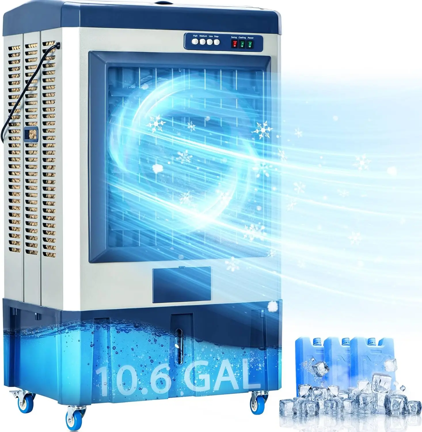 مبرد مستنقع مقاس 41 بوصة، 3 سرعات، 120 °   أرجوحة، خزان مياه سعة 10.6 جالون، 3 عبوات ثلج، مبرد هواء تبخيري خارجي للفناء والساحة