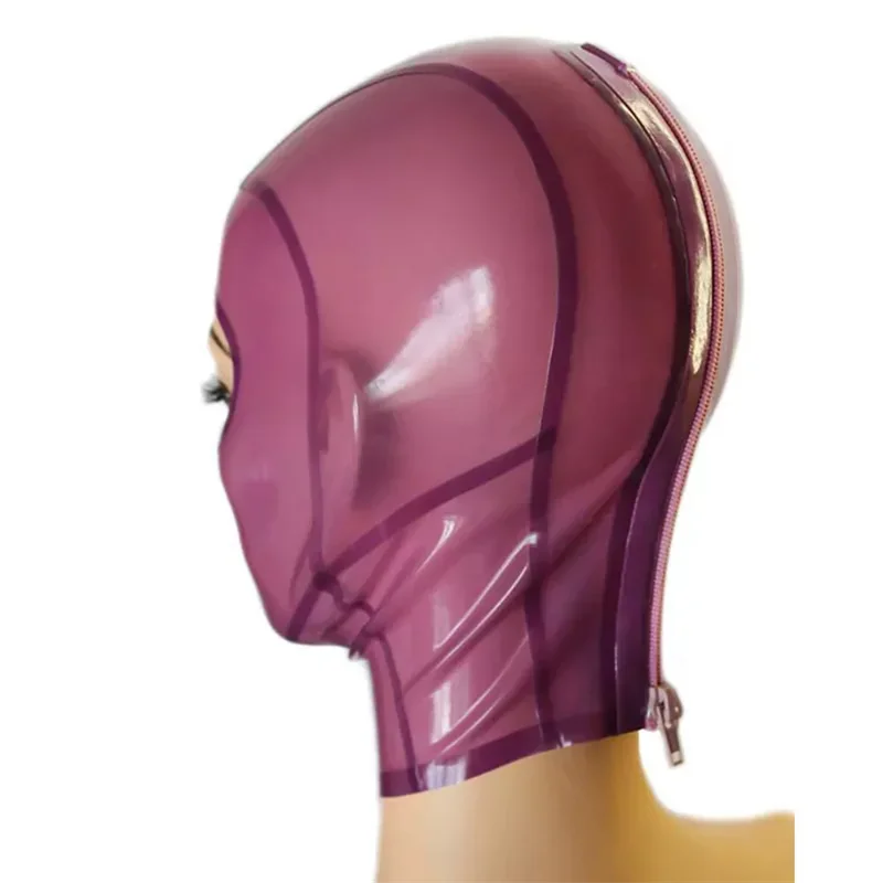 Transparant Paars Latex Kap Sexy Fetish Masker Open Ogen en Mond met Rits aan de achterkant voor Halloween Cosplay Kostuums