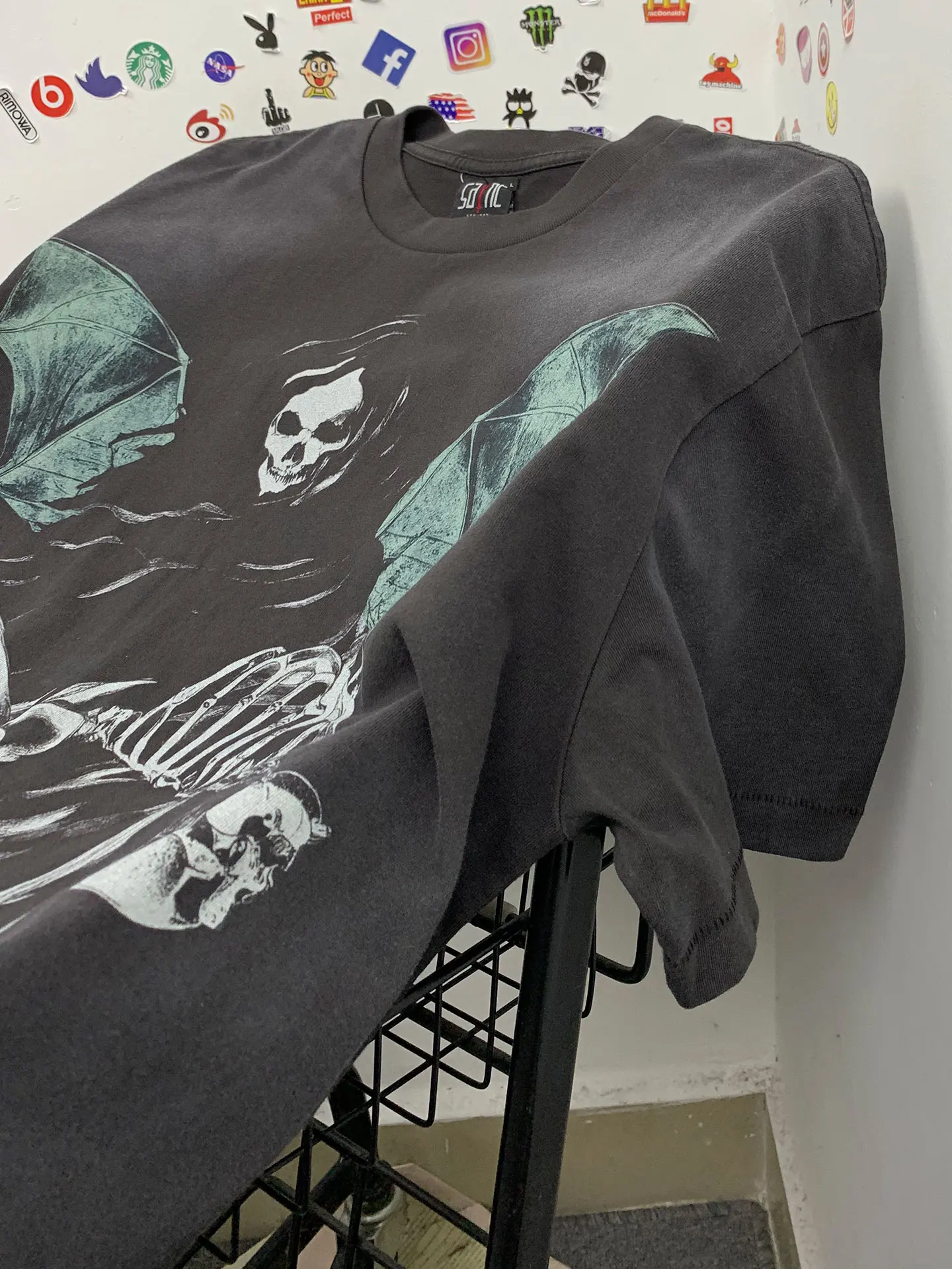 Street Style Skeleton Bat Print Worn-In Washed Loose Short Sleeve T-Shirt Men's Casual Breathable Cotton round Neck Top
