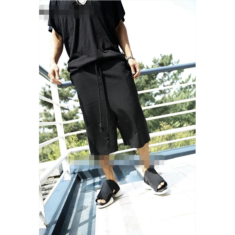 Men's new solid color lace up loose trend 7-point wide leg pants summer black pants youth skirt pants horn