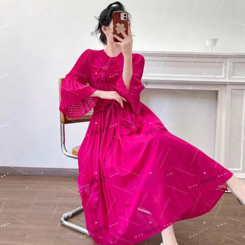 

Miyake новые плиссированные платья женские элегантные средней длины с рукавами три четверти плюс размер эластичное офисное длинное платье европейского размера