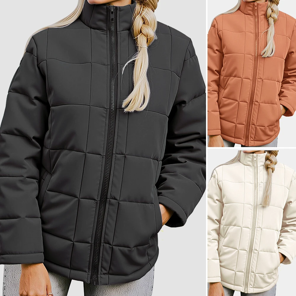 

Новинка 2023 года, женские повседневные пальто, простое стеганое пальто с воротником-стойкой и длинными рукавами, на молнии для легкого стиля