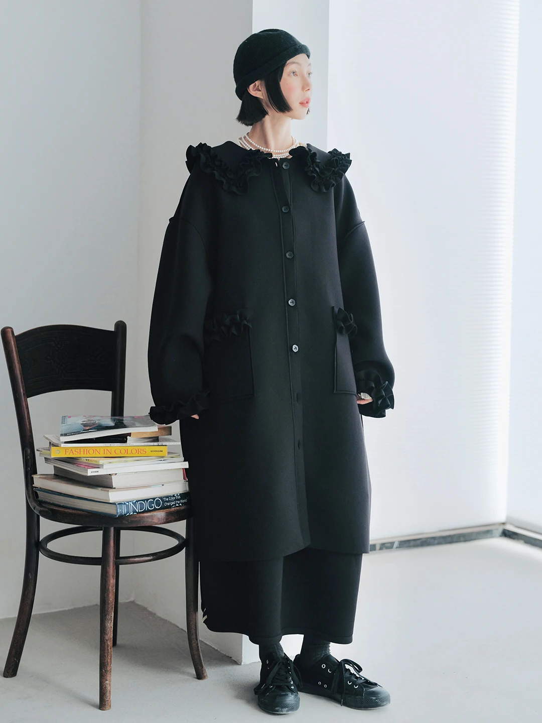 

IMAKOKONI оригинальный дизайн, кружевное лоскутное пальто с длинными рукавами и карманами средней длины, осенне-зимнее пальто 244797