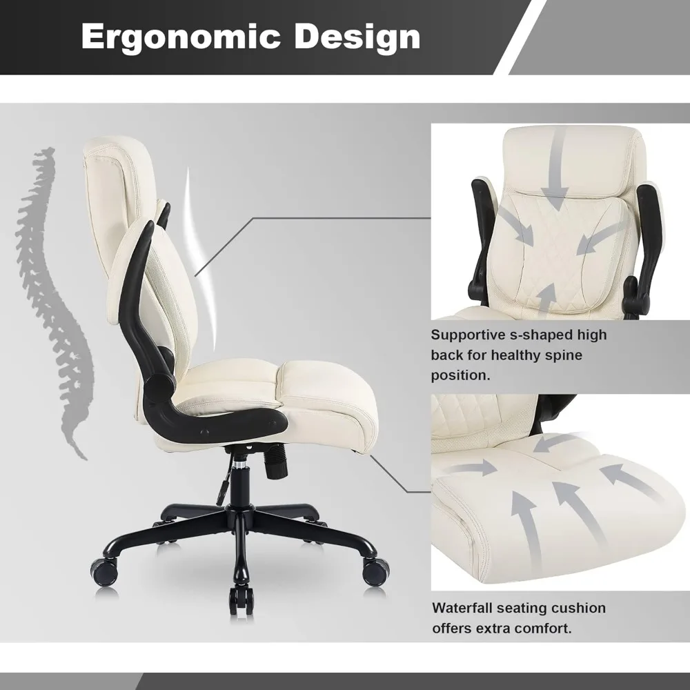 Kursi Kantor Eksekutif, kursi meja komputer kulit PU ergonomis dengan penyangga pinggang, sandaran lengan lipat, dan tinggi dapat disesuaikan, fo