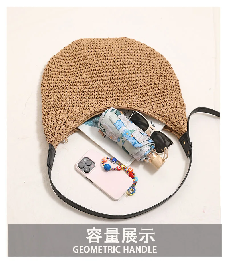 Modische Unregelmäßige Strohtasche Schulterhandtasche Einfarbig Neue Strand-Urlaubstasche für Damen Geflochtene Schultertasche Accessoire – Detail 3