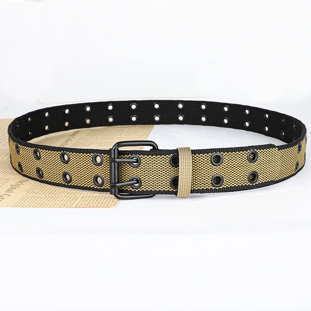 Canvas Belt with Metal Buckle 3.4cm Wide 120cm Harajuku Adjustable Double Grommet Hole Webbing Belt for Women Men Jeans Overalls