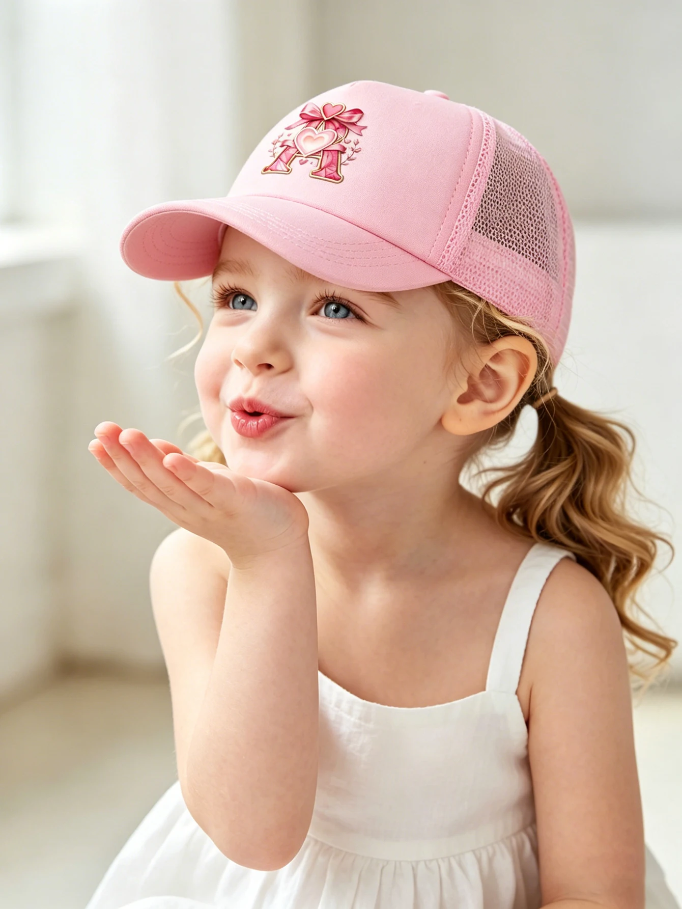 1pc pink baby hat  Adjustable Youngsters' Baseball Cap with A-Z letter Heart Bow Initial - Breathable Sun Hat for Boys and Girls view 4
