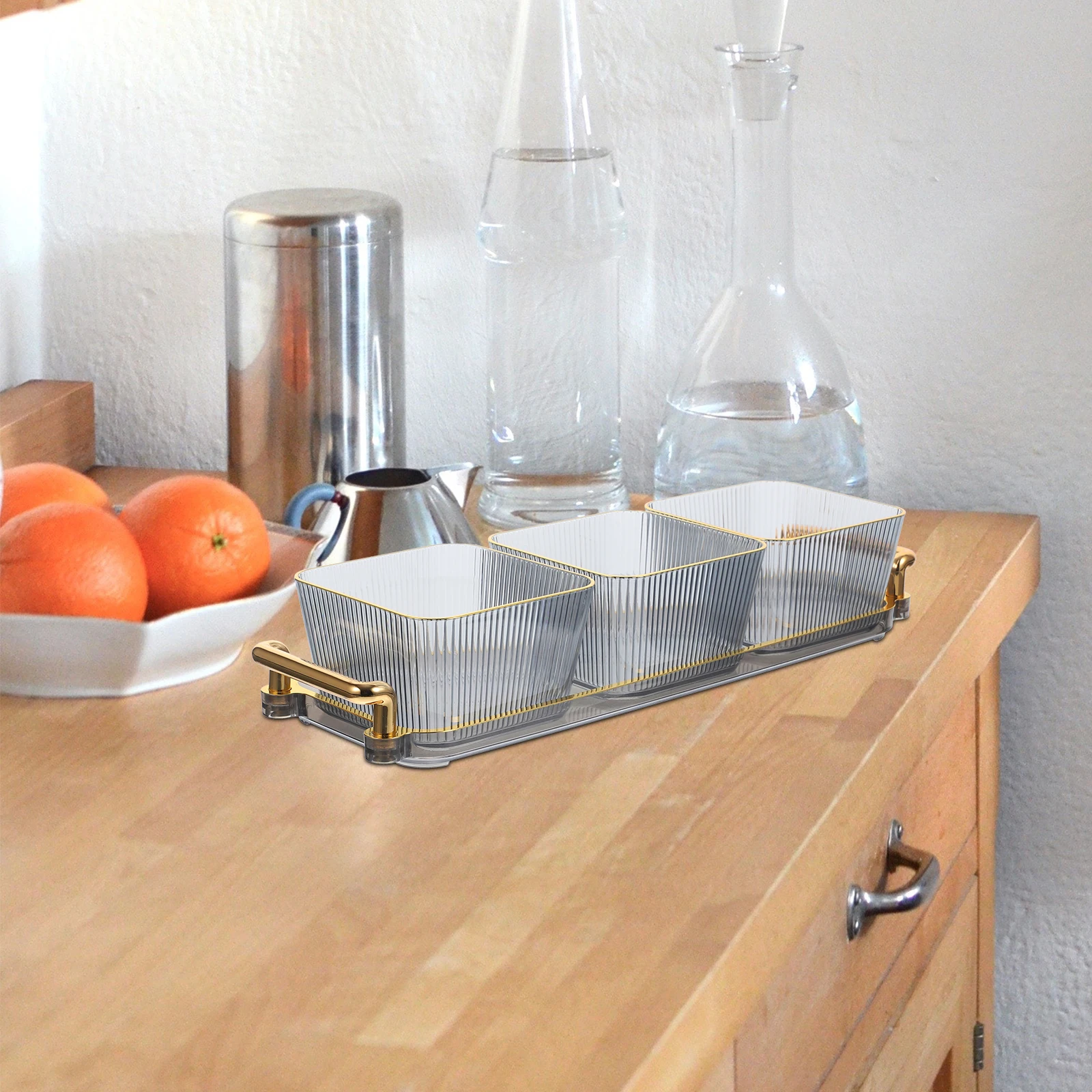 

Smoke Gray Gold Edge 3-Grid Snack Tray Fruit Nut Bowl PP Material Easy Clean Large Capacity Household Dessert Plate Kitchen Bar