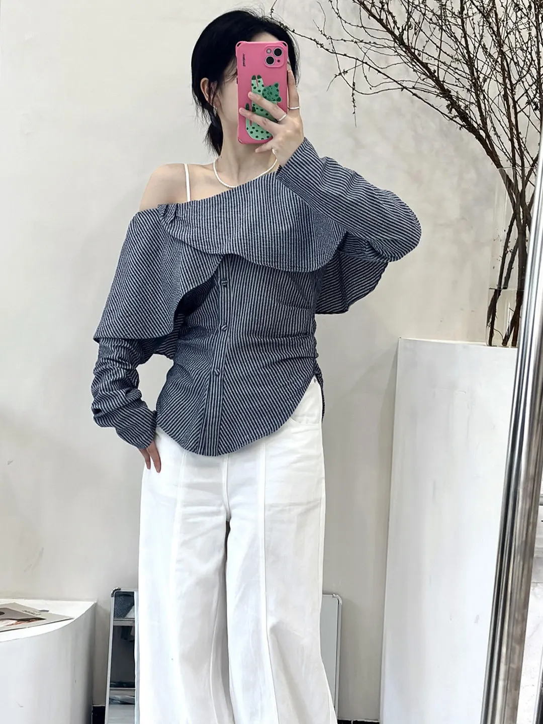 

Striped Shirt Women's Spring Summer Slimming Shoulder Bared One-Shoulder Hem Ruffle Uneven Waist Cinch Korean Style Top