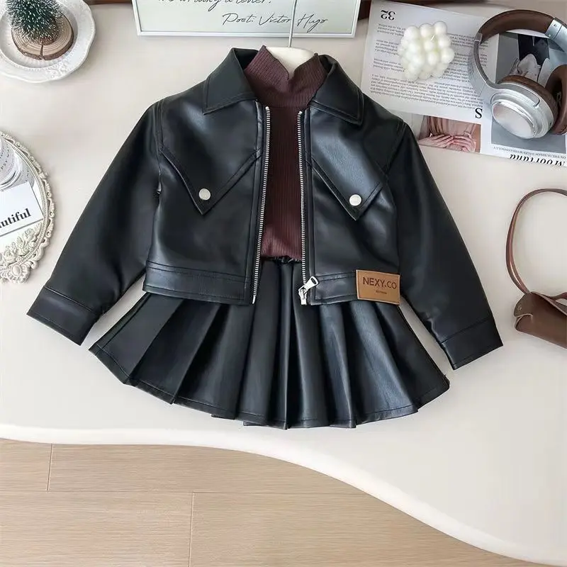 2024 Autumn New Korean Girls Small Fragrant Style Temperament Leather Jacket Set Baby Pleated Skirt Two-piece Set 2-7Y