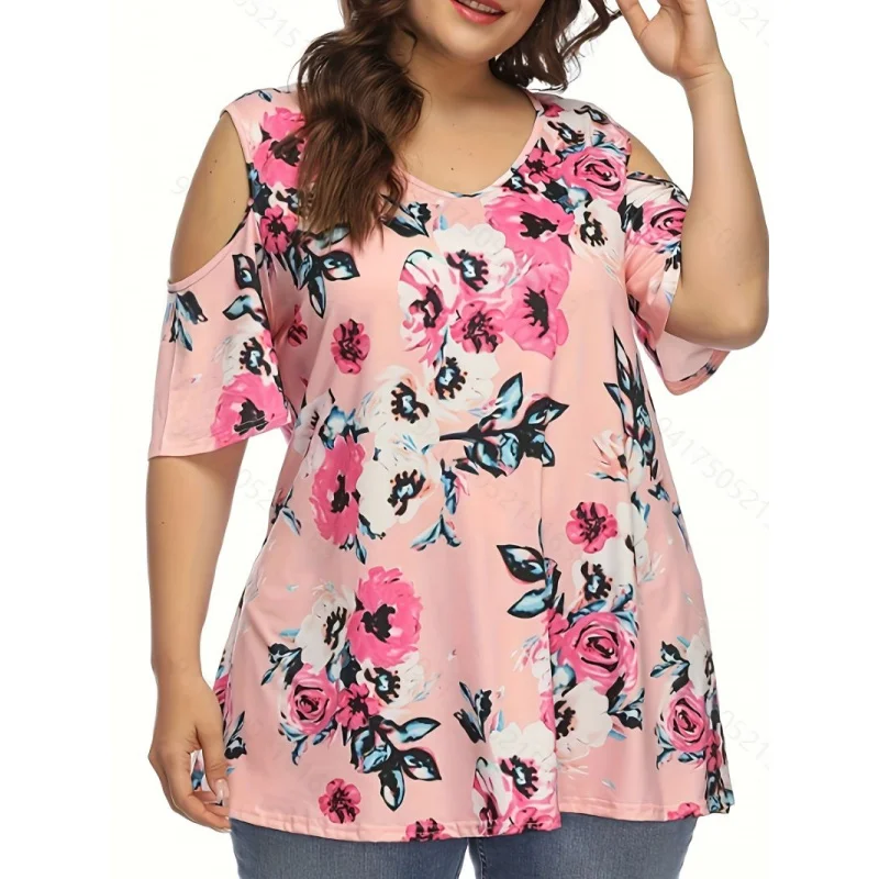 

New Women's Casual Round Neck Plus Size Printed Off Shoulder Waist Top Short Sleeve