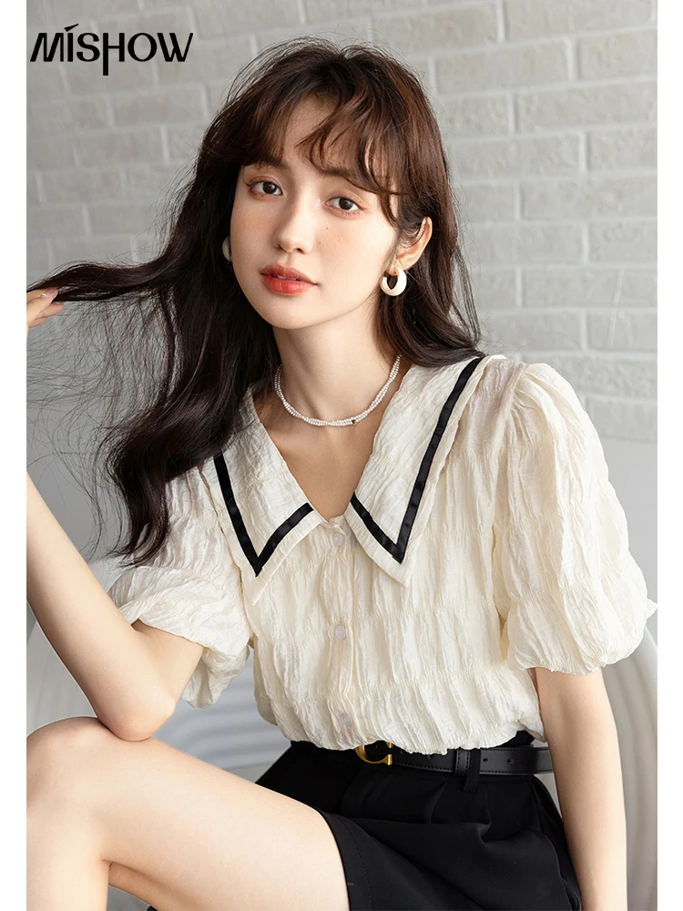 MISHOW Shirts for Women 2022 French Retro Patchwork Doll Collar Puff Short Sleeves Blouses New Office Lady Folds Tops MXB29C0524