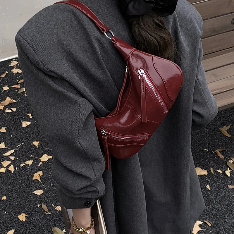 High End Texture Burgundy One Shoulder Bag Exquisite Versatile Trend Solid PU Leather Messenger Bags Classic Zipper Underarm Bag