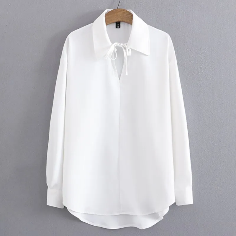 4XL Plus Size White Shirt Women 2023 Spring Temperament Lace-Up V-Neck Blouses Long Sleeve Bottoming Tops Oversize Curve Clothes