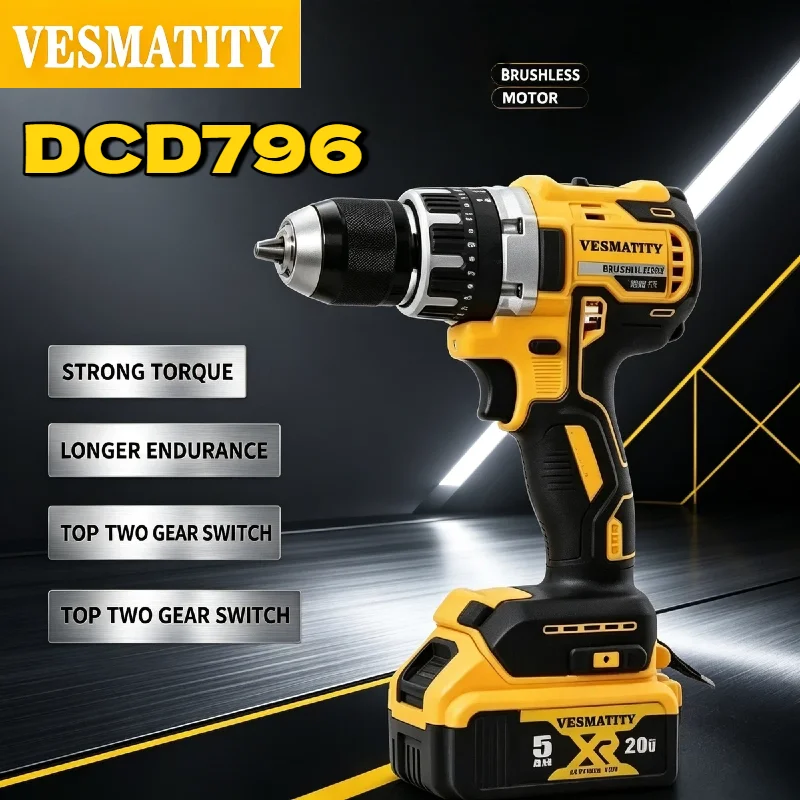 Vesmatity DCD796 70N.m Brushless Impact Drill 2200RPM 34000BPM 14+1 Clutch 3/8 Inch Chuck Tool for 20V XR Battery Max