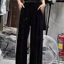 Korean Autumn Winter High Waist Black Women's Pants Loose Plus Size Pants Rhinestone Shining Wide Leg Pants Y2k Clothes Kpop 바지