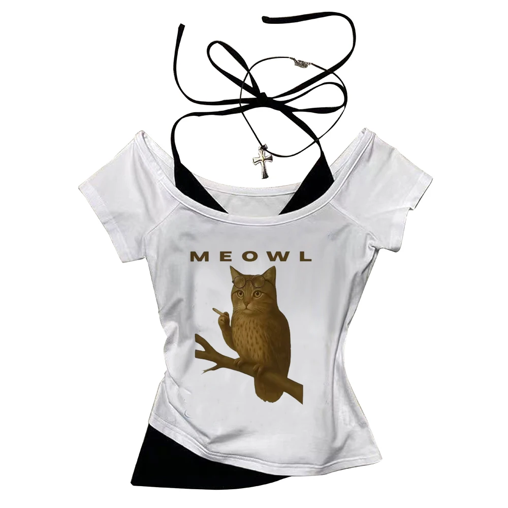 Meowl Crop Top Teen Anime Party Cute Jojifuku Ausverkauf T-Shirt Vintage Sommer Goth Grunge – Detail 2