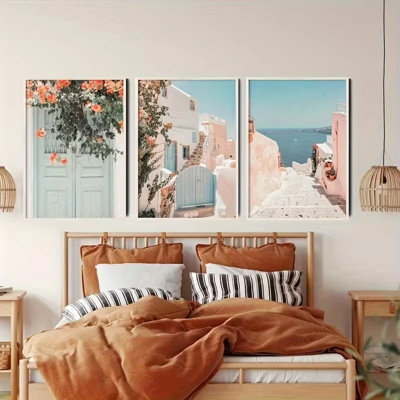 

3pcs Greek Mediterranean Canvas Wall Art Posters, Bohemian-style Santorini Wall Paintings for Living Room Home Decoration
