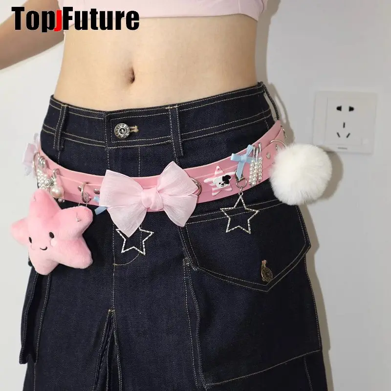 Feminino mão fazer gótico lolita punk harajuku cheio de pingentes cinto princesa y2k menina millennium picante menina coração estrela arco cinto