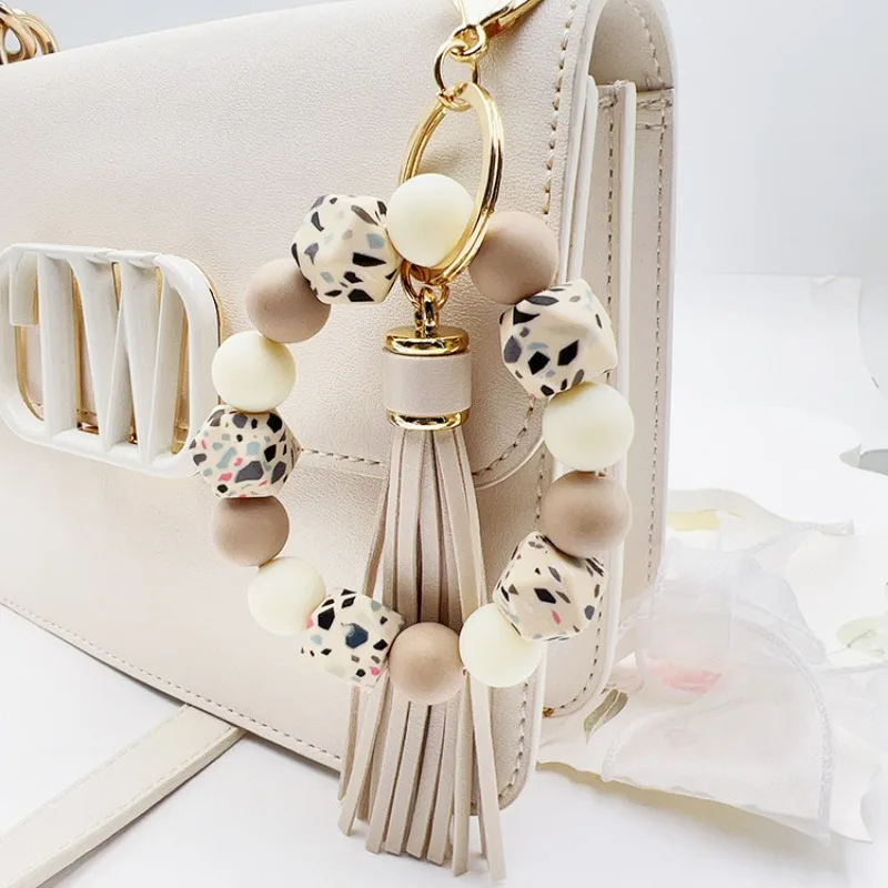 1pc Silicone Leopard Print Beaded Tassel Car Keychain Key Ring,  Fashion Bracelet Accessories Women\'s Bag Pendant Accessories