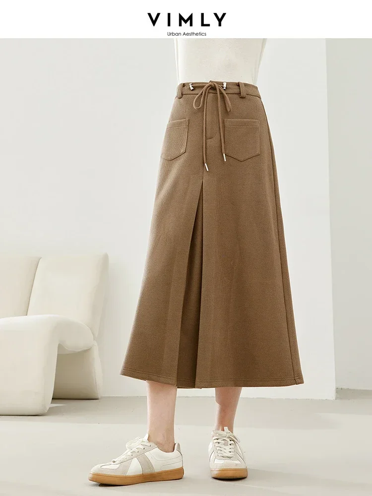 

Vimly Light Coffee Cargo Style A-line Skirts 2023 Winter New Thick Umbrella Midi Skirt Office Lady Elegant Woman Clothing M5390