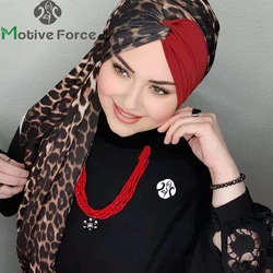 Hijab para mulher muçulmana, lenço islâmico com costura leopardo, turbante, jersey, turbante, hijab