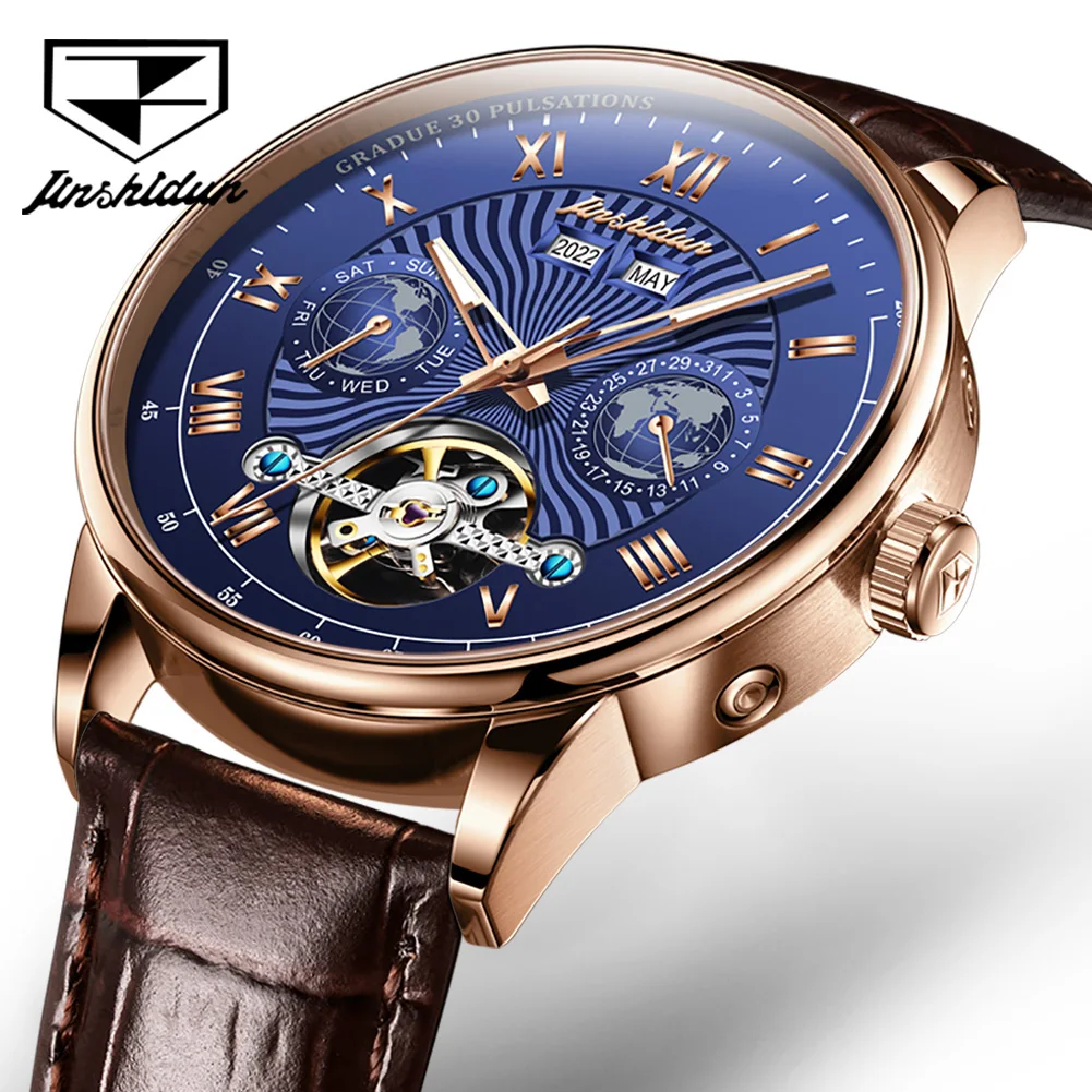 

JSDUN 8919 Automatic Watch for Men Leather Strap Business Skeleton Tourbillon Design Moon Phase Year Calendar Men's Watches