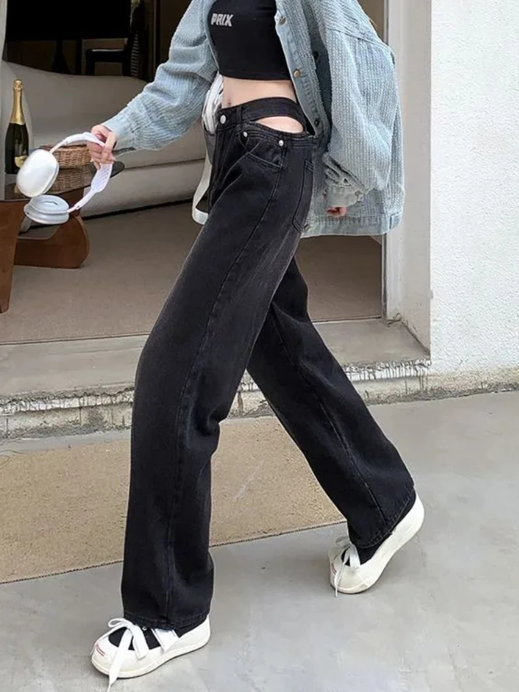 

Hollow Out Jeans Women High Waist Hotsweet Korean Style Spring Washed Loose Bleached Vintage College Ulzzang Simple All-match