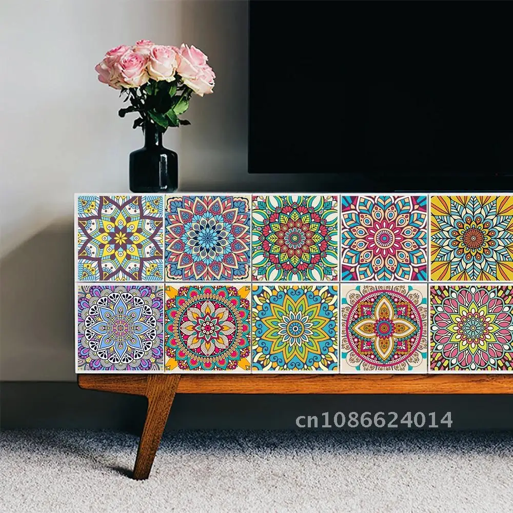 

Mandala Ceramic Wall Sticker Colorful Strip Glossy Surface Kitchen Bathroom Stairs Wallpaper Oil-proof Tiles Art Decals