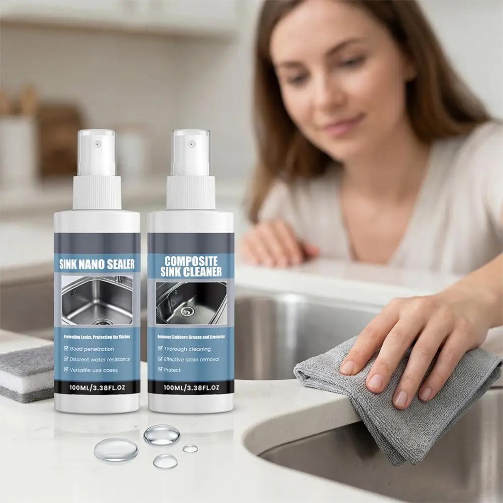 Sink Cleaning Kit, 200ml Sink Nano Sealer + Composite Sink Cleaner with Sponges, Home Kitchen Sink Stain Remover & Protector