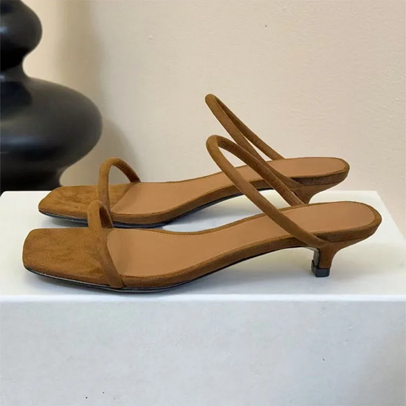 

New Kitten Heels Slippers Women Suede Leather Slides Square Peep Toe Summer Shoes Woman Narrow Band Low Heels Slippers Woman
