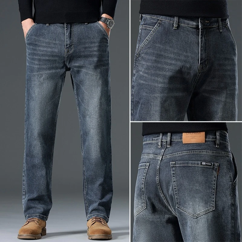 

Brand men's jeans autumn and winter business casual men's work jeans distressed washed high waisted elastic comfortable pants