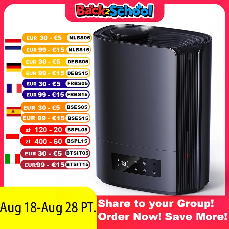 Humidificateur de chambre à coucher 6L pour grandes pièces, parfum aromatique à brume ultrasonique, lumière 7 RGB pour la maison, la chambre d'enfant, les plantes, 300 ml/h