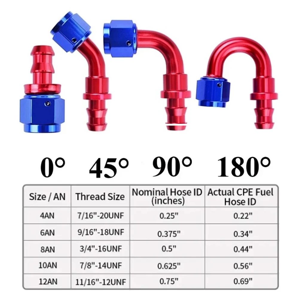 Reusable Push Lock Hose End Fittings Set AN4 AN6 AN8 AN10 AN12 - 0/45/90/180 Degree Fuel Oil Cooler Hose Ends for Automotive