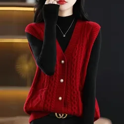 2024 Autumn Winter New Korean Loose Coat All-match Knitting Tank Top Women Clothing Vintage Buttons Solid Color Cardigan Top Tee