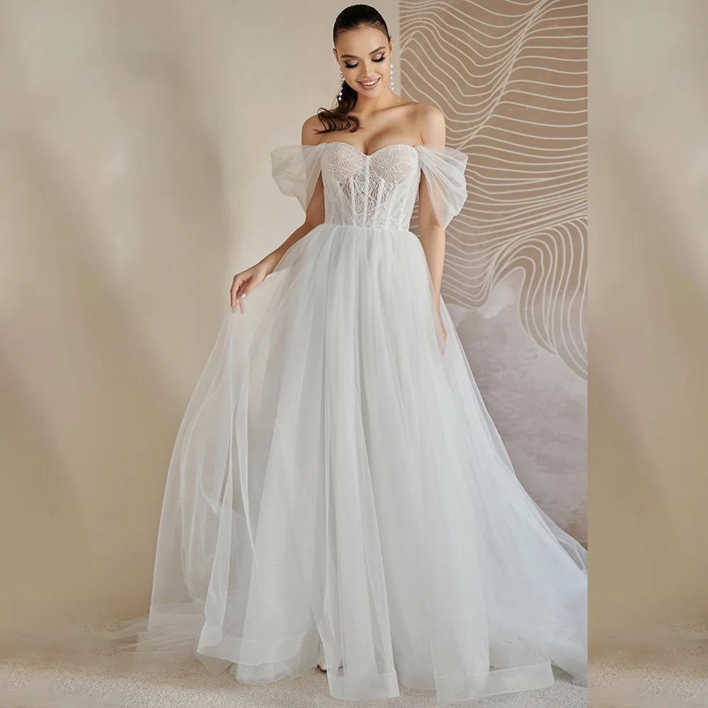 

Radiant Sweetheart Collar Tulle Lace Wedding Dress for Women A-line Lace up Wedding Bridal Gown with Court vestidos de novia