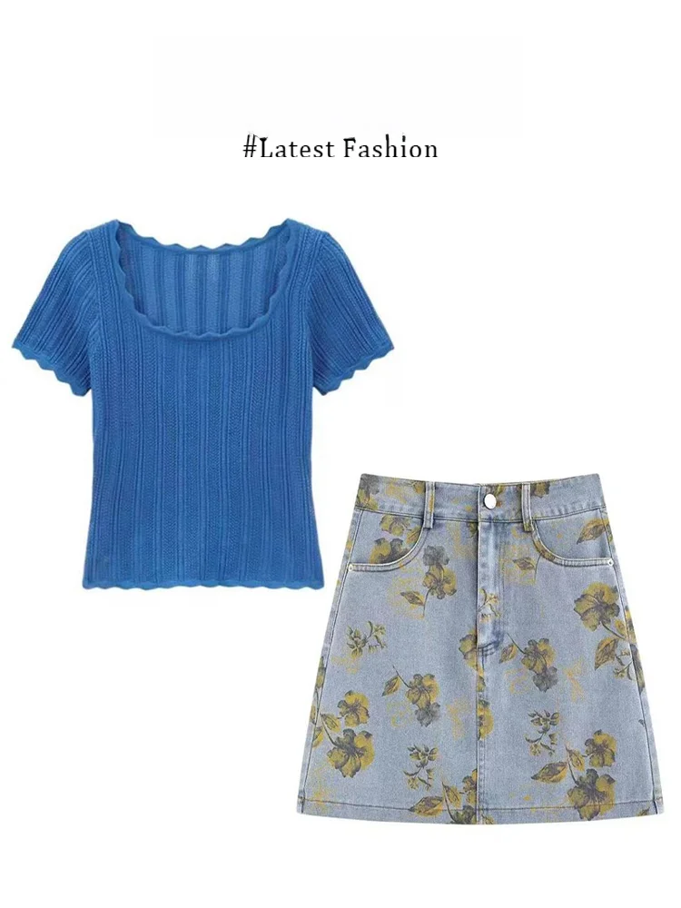 

Вязаный топ Parkyeon в корейском стиле с квадратным вырезом, модный комплект с коротким рукавом и джинсовой юбкой для стройности фигуры