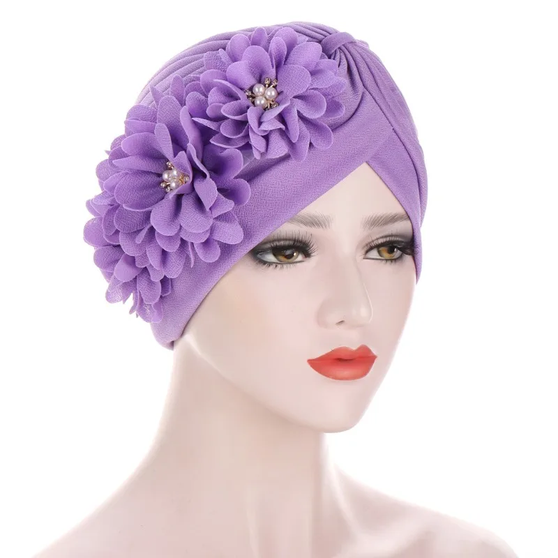 Fashion Crinkle Flowers Turban Hijab Hats African Head Wraps Soft Elastic Muslim Hats Breathable Chemo Cap For Women Girls