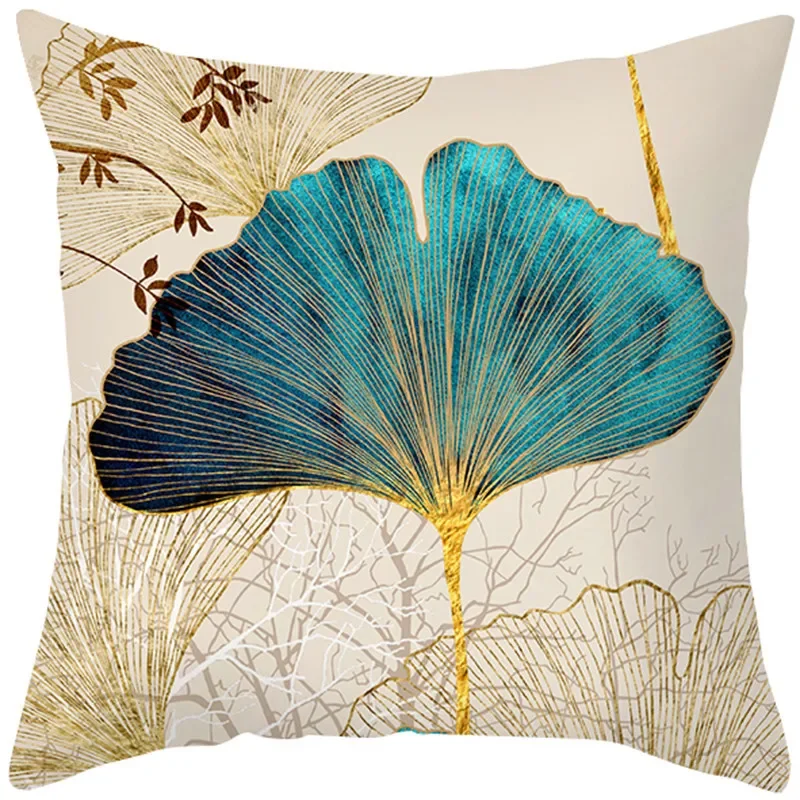 45x45cm Art Oil Painting Floral Pillow Cover Ginkgo Leaf Print Cushion  Sofa Office Seat   Home Decor