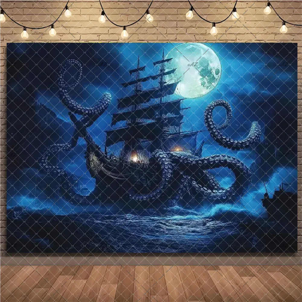 Pirate Ship Theme Backdrop Treasure Map Adventure Wall Hanging Retro Skeleton Children Birthday Party Decoration Events Supplies