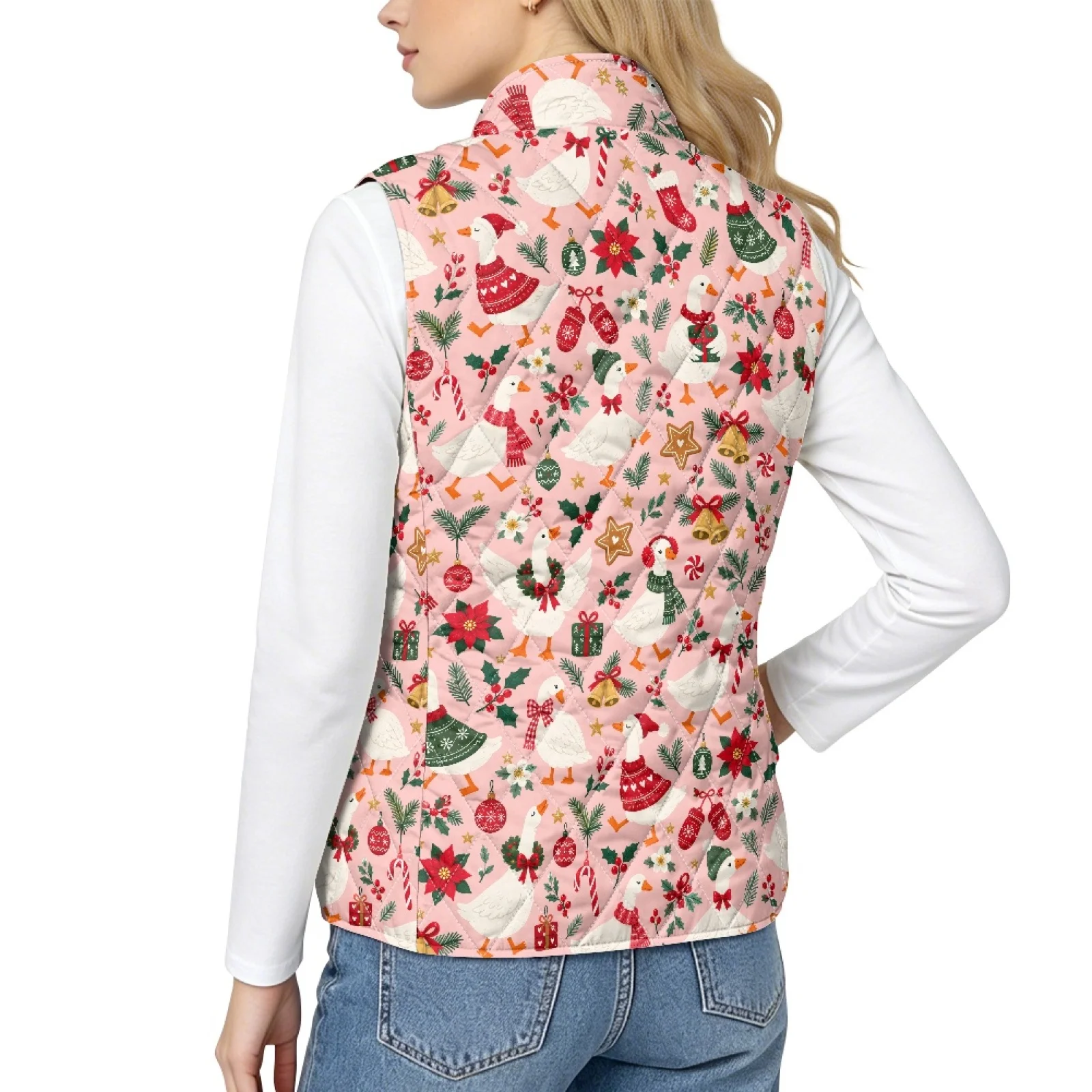 PENSTROLL Christmas Goose Print Quilted Jacket Vest Warm Women's Waistcoat Quilted Waistcoat for Women for Fall Hiking