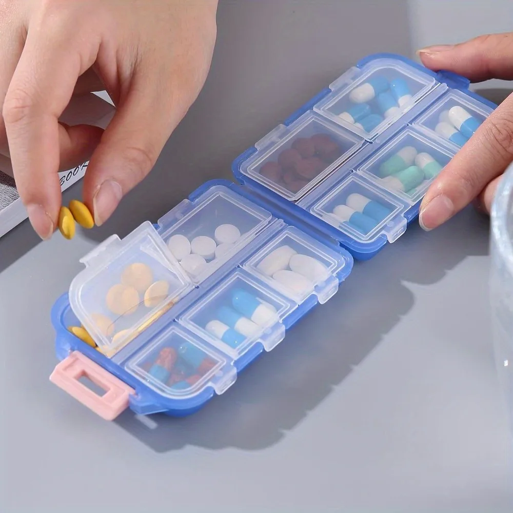 Compact Travel Pill Organizer with 10 Compartments and 10 Medicine Stickers Portable Box for On the Go Storage