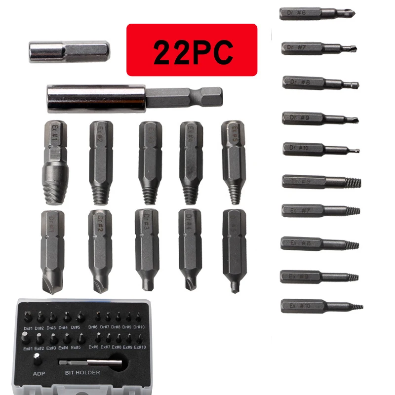 

22PC Damaged Stripped Screw Extractor Remover Kit Teeth Reverse Removal Tool Damaged Slide Wire Broken Screw Out Extractor