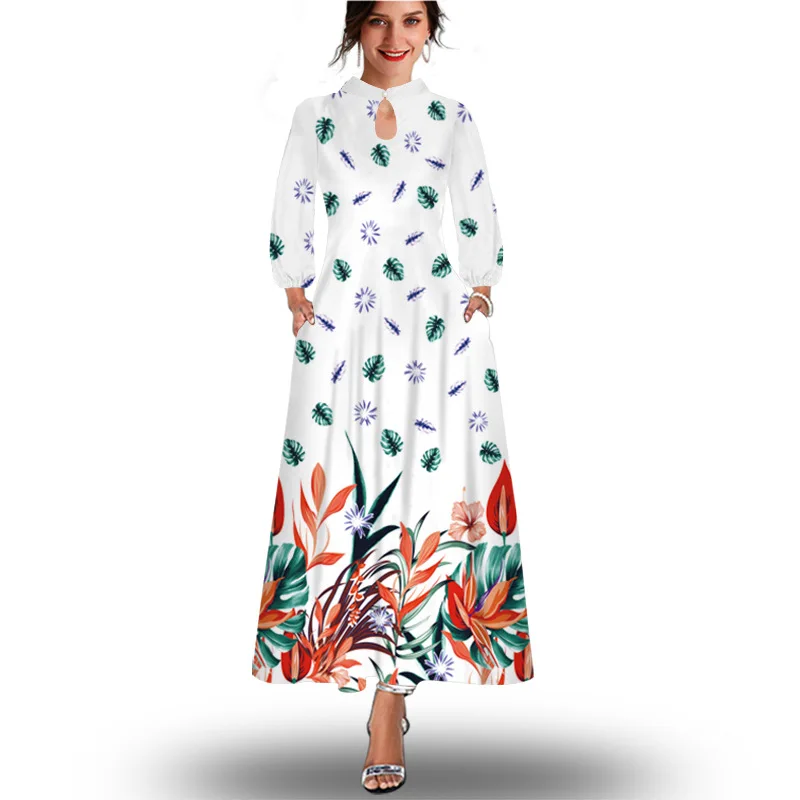 

Europe and the United States women's summer long-sleeved printed long dress round neck waist insert pockets large swing dress