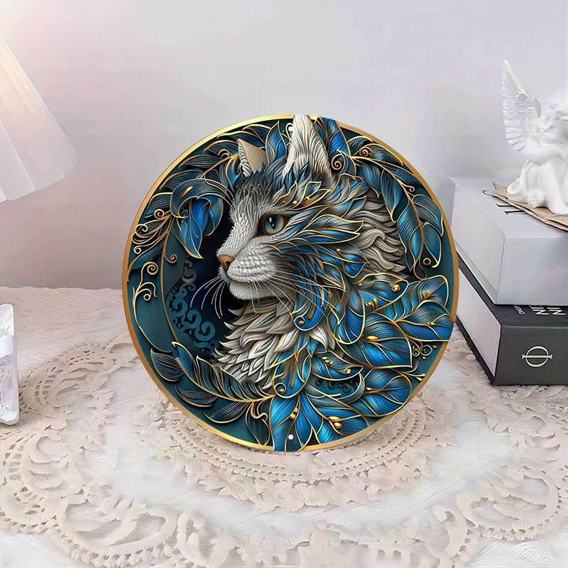 Elegant Cat with Feathers Round Aluminum Metal Sign, UV & Scratch Resistant, Flame Retardant, Wall Decor for Indoors & Outdoors