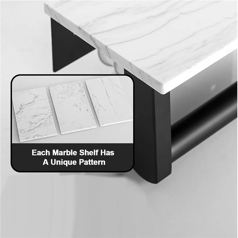 Soporte de papel higiénico de mármol A03F-2X con estante, portarrollos de papel higiénico, soporte de pared para gabinete de baño decorativo, negro