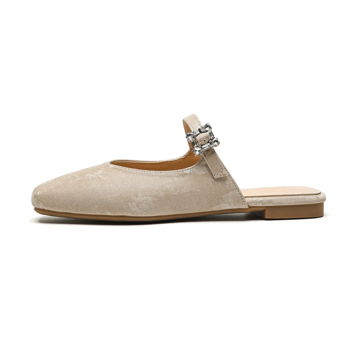 Gorasion Women's Summer Pull-on Flat Slippers Square Toe Buckle Strap Mary Janes French Elegant Breathable Satin Outdoor Mules