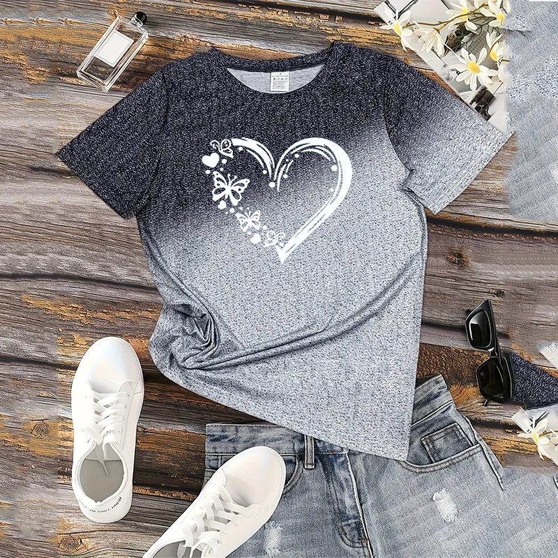 Crew Neck Short Sleeve Heart-shaped Love Graphic T Shirt Women's Outfits Casual Streetwear Lady Sportswear Loose Tees Top Shirts