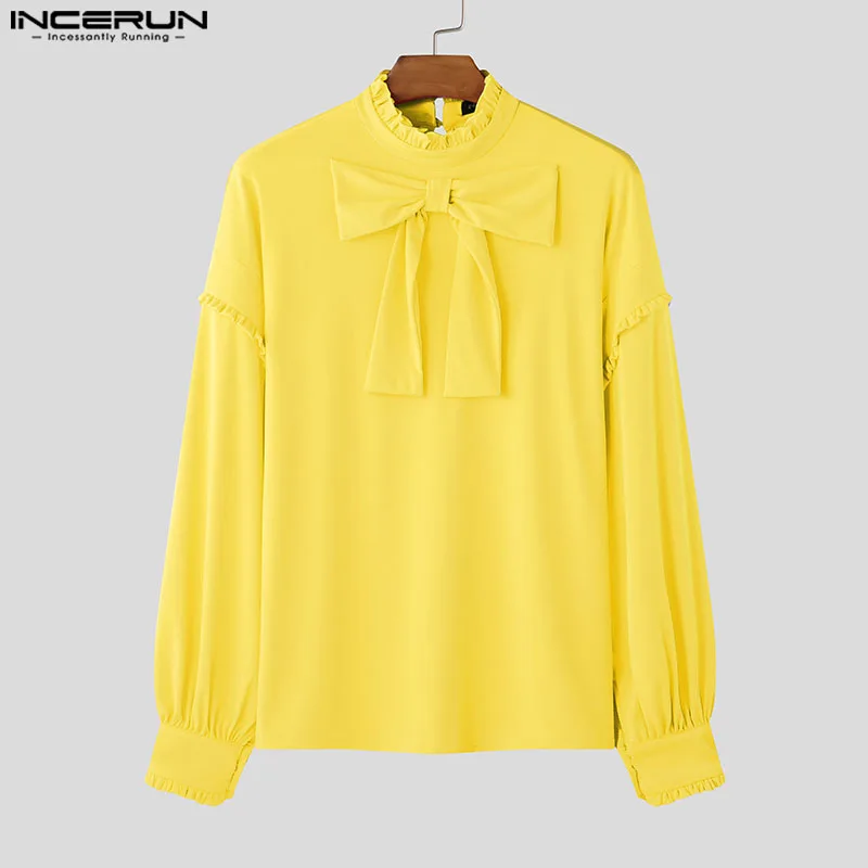 INCERUN الرجال تي شيرت بلون كشكش كم طويل الياقة المدورة Bowknot الرجال الملابس الشارع الشهير فضفاض موضة عادية الذكور المحملة القمم
